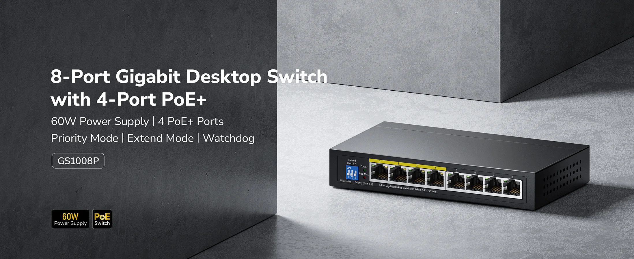 CUDY 8-PORT GIGABIT DESKTOP SWITCH WITH 4-PORT POE+ GS1008P thumbnail 3