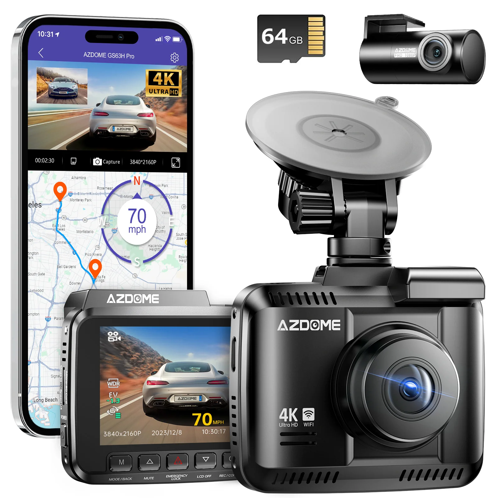 AZDOME 4K Front and Rear Dash Camera Kit with Wi-Fi, GPS, 64GB Memory Card - GS63H Pro