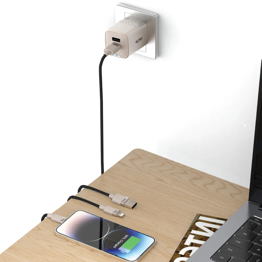 PAWA RETRO 3.1A DUAL USB UK CHARGER WITH USB A  TO LIGHTING CABLE TITANIUM PW-TCR31UKL-TT thumbnail 2