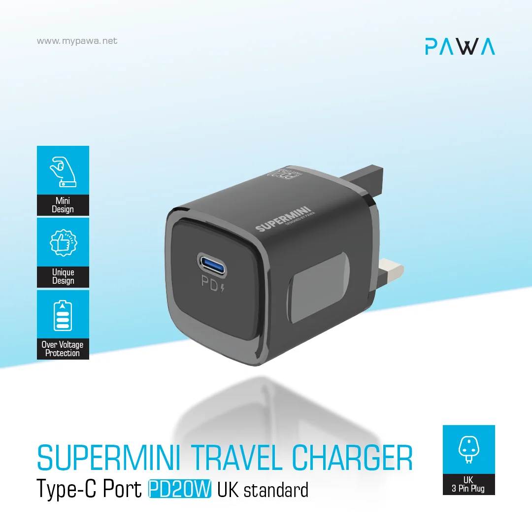 PAWA SUPERMINI TRAVEL CHARGER TYPE C PORT PD20W BLACK PW-TCSP20UK-BK thumbnail 3
