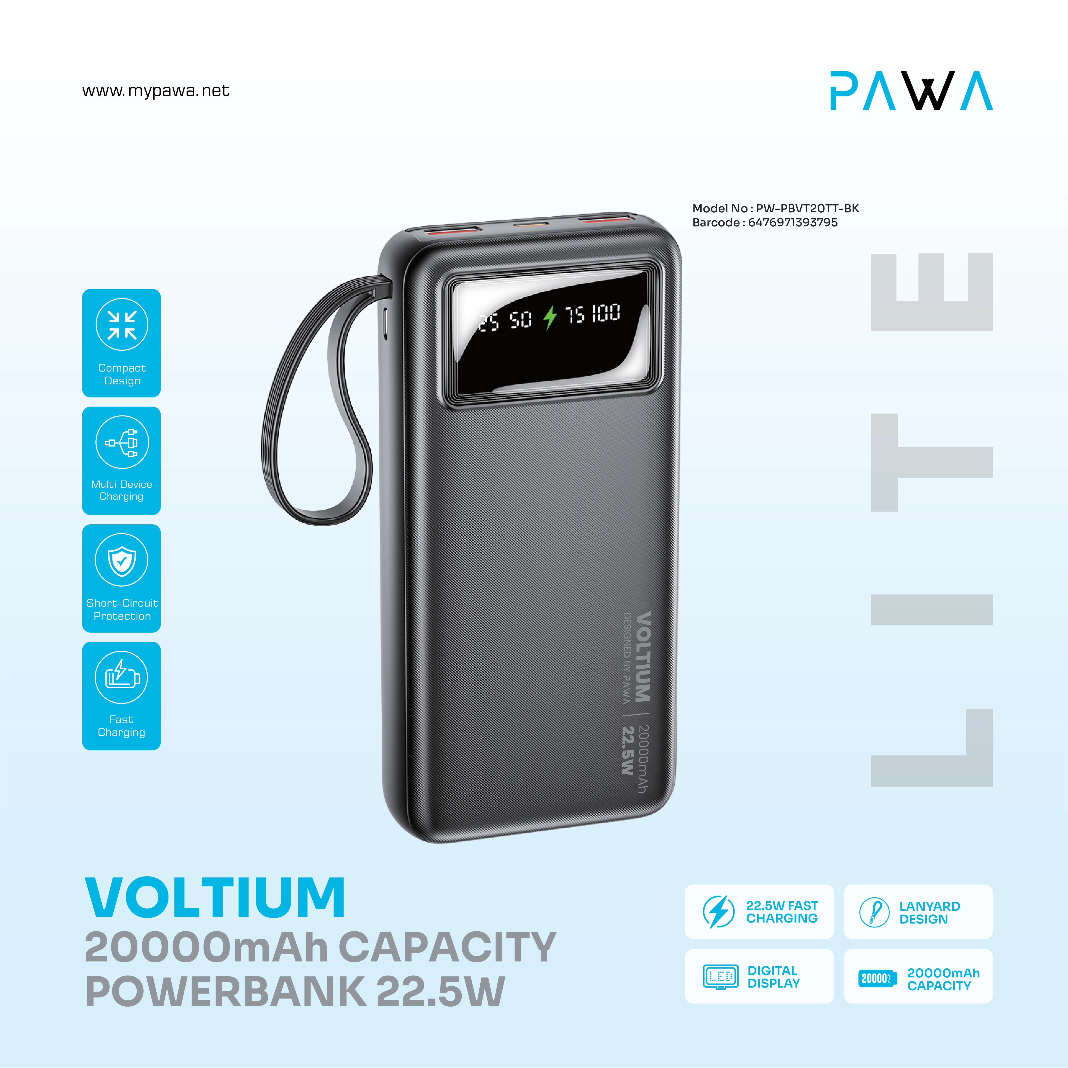PAWA LITE VOLTIUM 20000MAH CAPACITY POWER BANK 22.5W BLACK PW-PBVT20TT-BK thumbnail 2