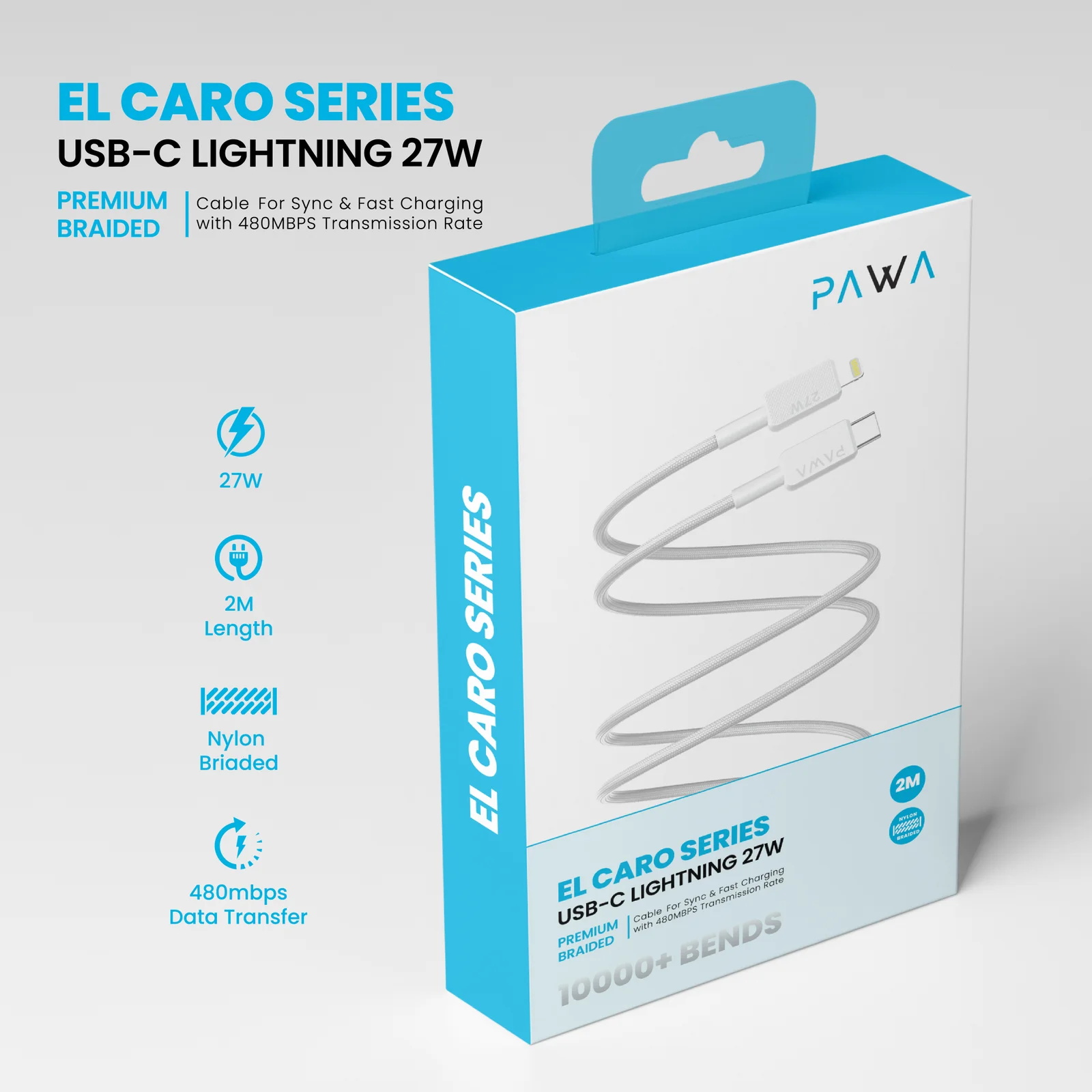 PAWA EL CARO SERIES USB C TO LIGHTNING 27W PREMIUM BRAIDED CABLE 2M WHITE PW-20BD27CL-WH thumbnail 3