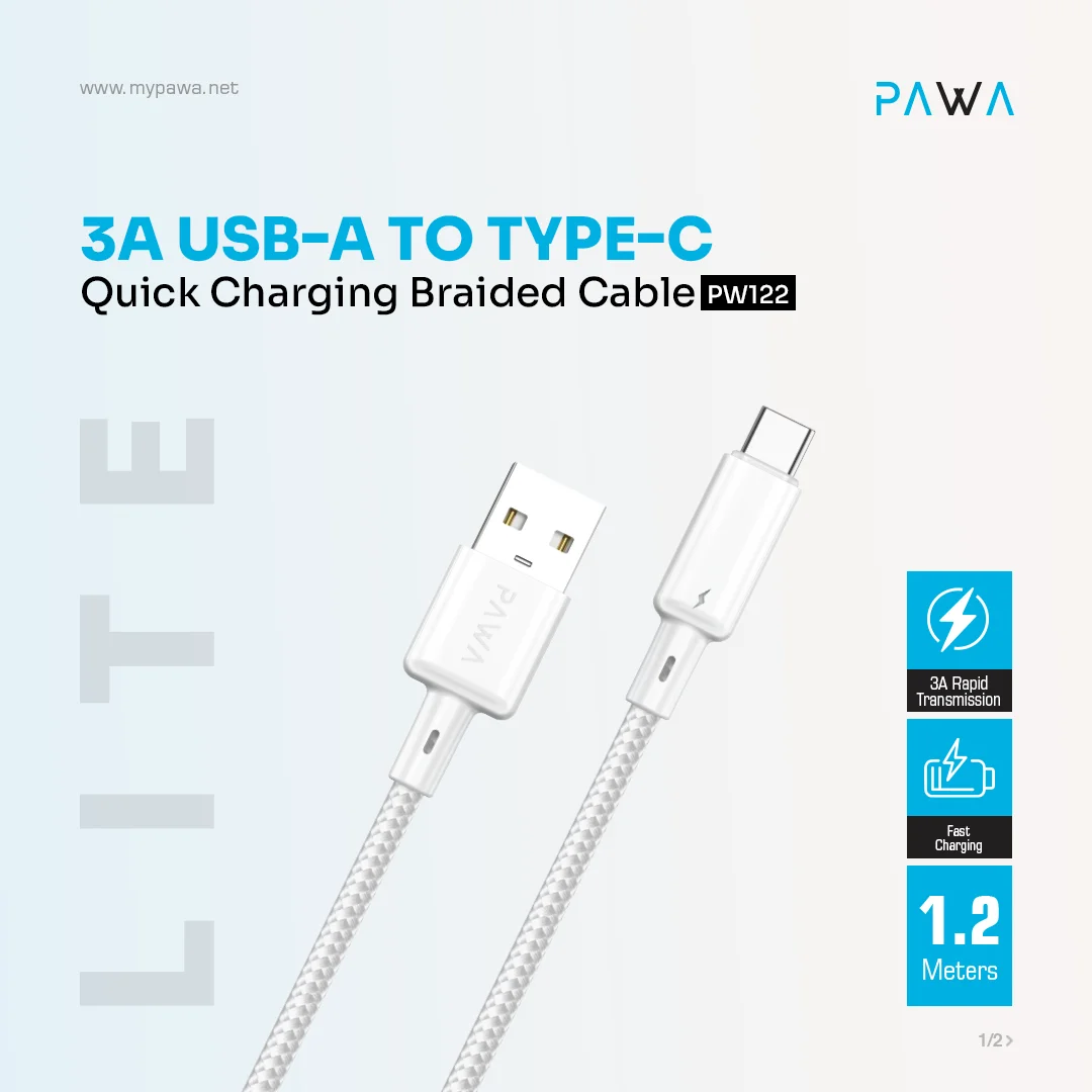 PAWA 3A USB A TO TYPE C QUICK CHARGING BRAIDED CABLE 1.2M PW122 WHITE PW-BTLT12AT-WH thumbnail 3