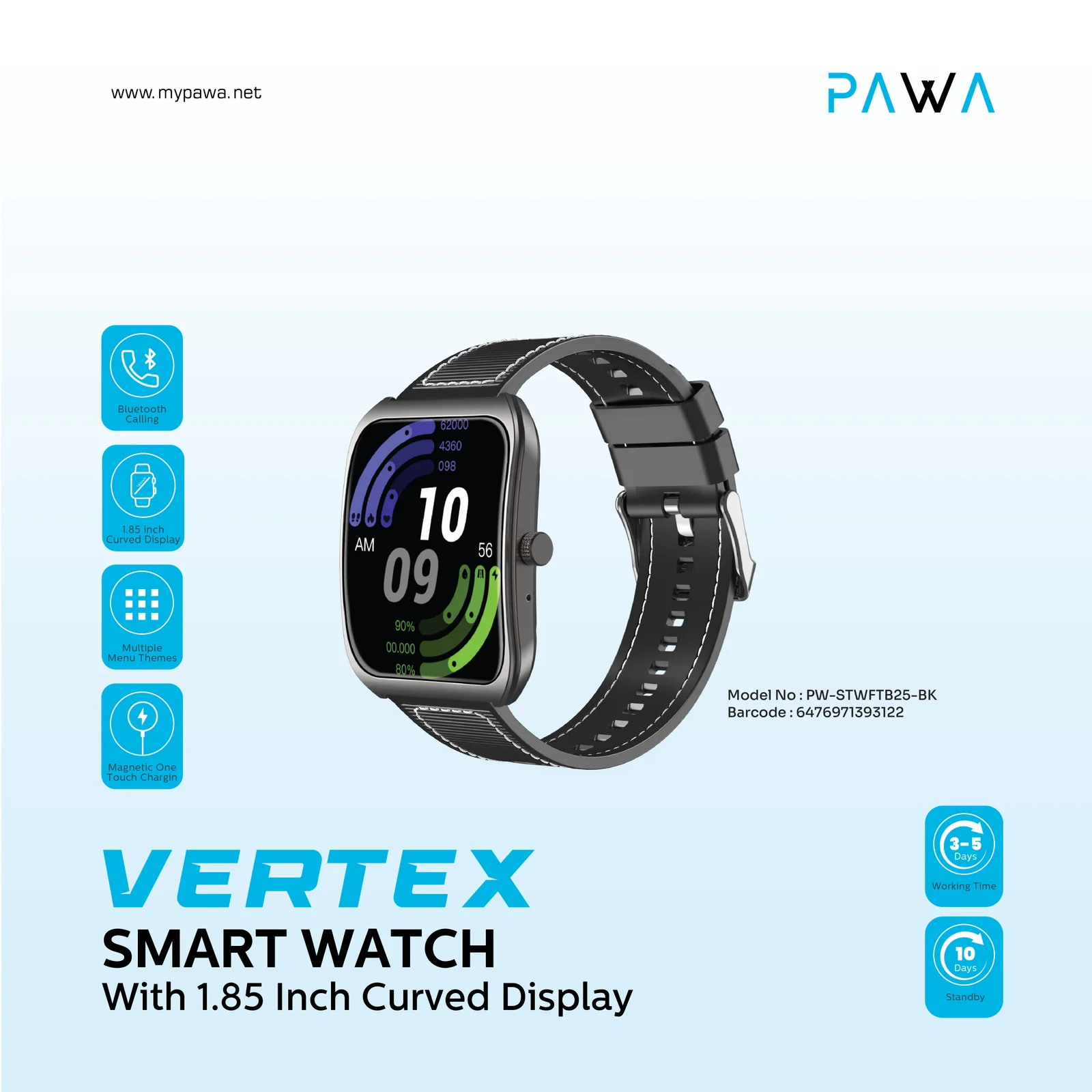 PAWA VERTEX SMART WATCH WITH 1.85 INCH CURVED DISPLAY BLACK PW-STWFTB25-BK thumbnail 2