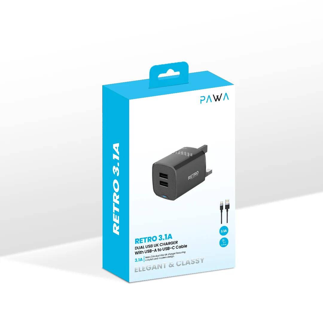 PAWA RETRO 3.1A DUAL USB UK CHARGER WITH USB A  TO USB-C CABLE BLACK PW-TCR31UKT-BK thumbnail 5