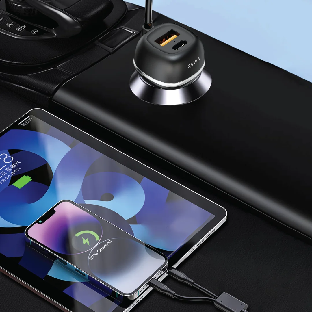 PAWA SOLID CAR CHARGER DUAL PORT PD+QC WITH USB C AND LIGHTNING CABLE 68W BLACK PW-CC68INTL-BK thumbnail 3
