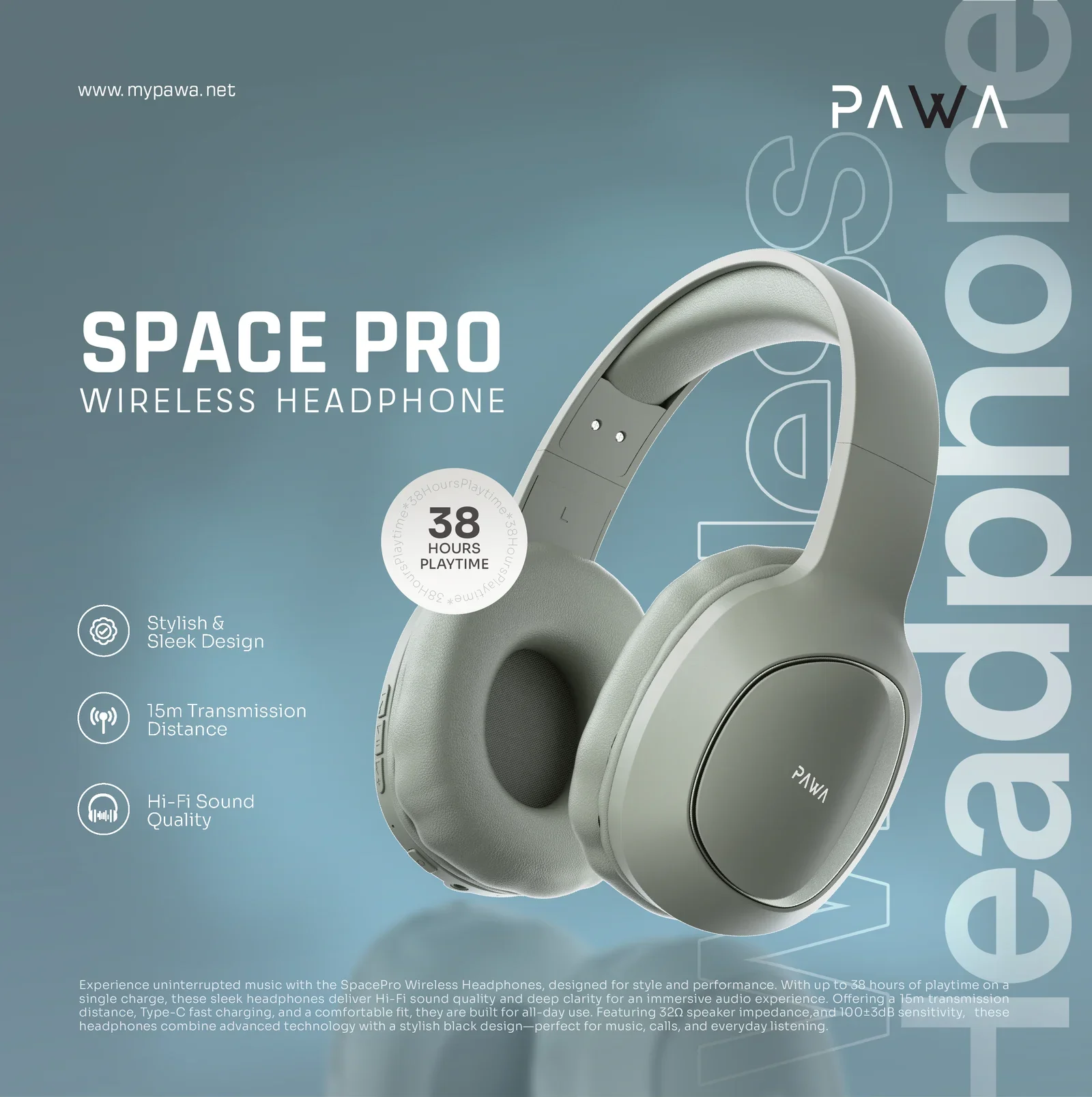 PAWA SPACE PRO WIRELESS HEADPHONE OLIVE GREEN PW-HFIAN100-OG thumbnail 4