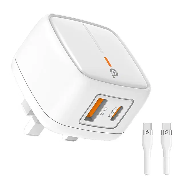 POWERO PLUS 20W BRITISH UK WALL CHARGER WITH USB C TO USB C CABLE WHITE PR-TCP20UKCC-WH