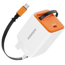PORODO TEZPATRO 45W GAN CHARGER WITH USB C RETRACTABLE CABLE WHITE PDFWCH104WH
