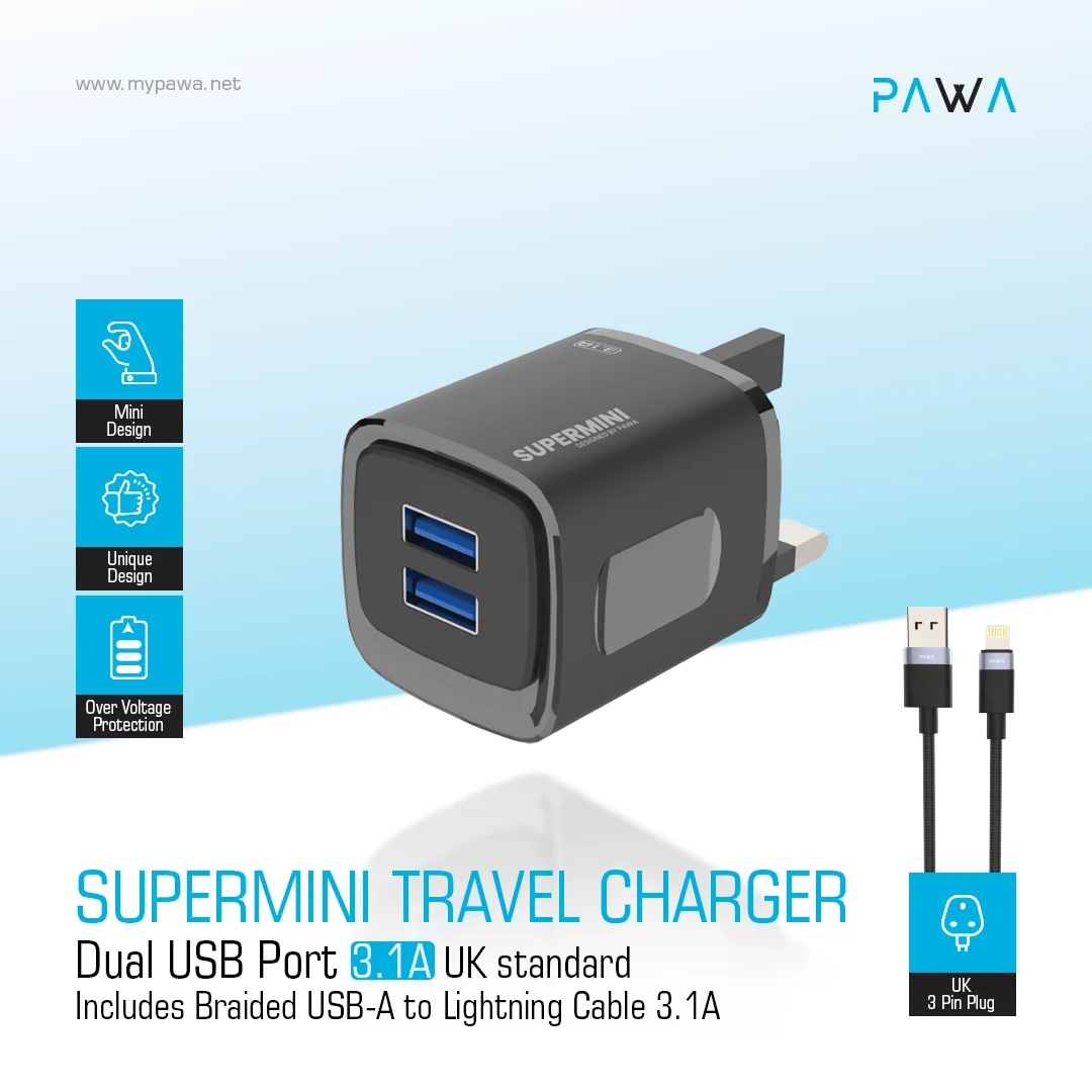 PAWA SUPERMINI TRAVEL CHARGER DUAL USB 3.1A WITH BRAIDED LIGHTNING CABLE BLACK PW-TCSP3UKL-BK thumbnail 3