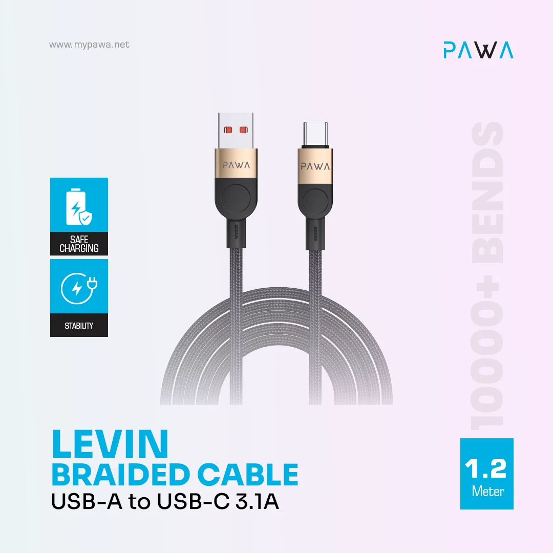 PAWA LEVIN USB A TO TYPE C 3.1A BRAIDED CABLE 1.2M DESERT BLACK PW-12BDC251-DTBK thumbnail 3