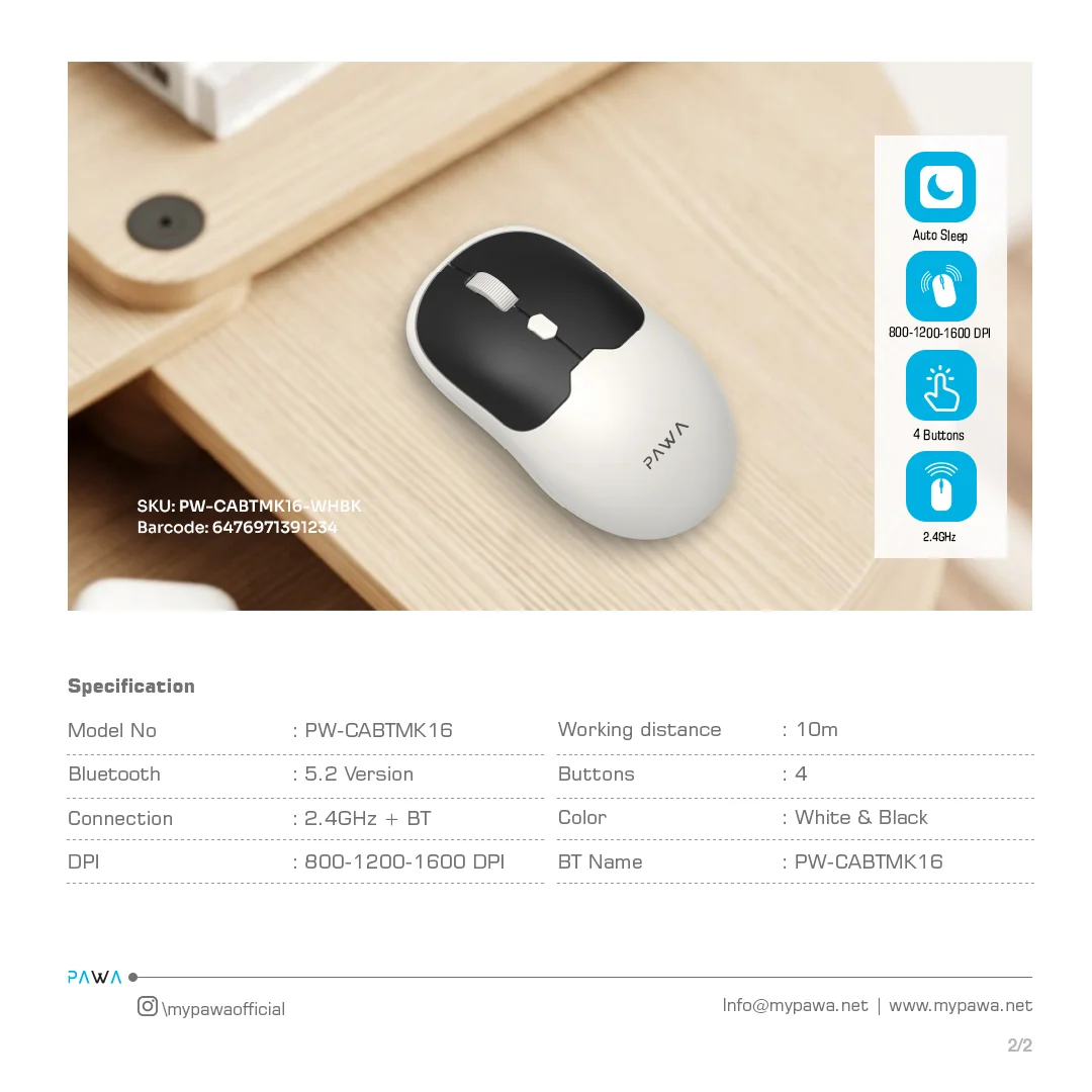 PAWA DUAL MODE WIRELESS MOUSE WITH 1600 DPI WHITE BLACK PW-CABTMK16-GYBK thumbnail 4