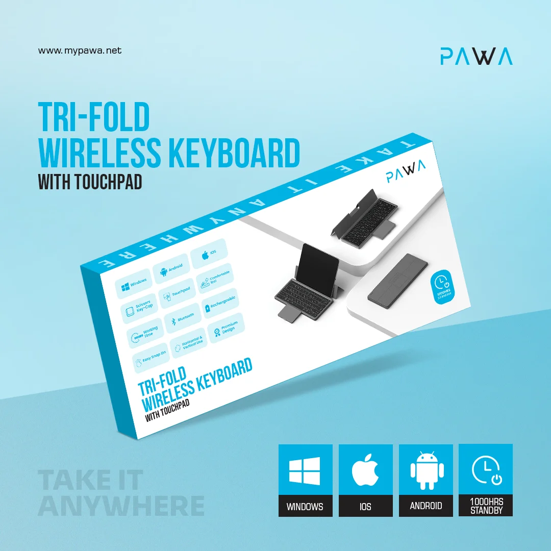 PAWA TRI FOLD WIRELESS KEYBOARD WITH TOUCHPAD GREY PW-PKW2T5F1-GY thumbnail 6