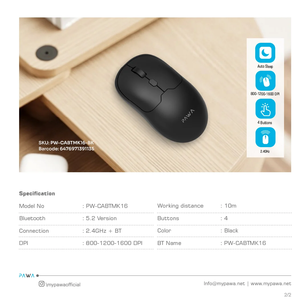 PAWA DUAL MODE WIRELESS MOUSE WITH 1600 DPI BLACK PW-CABTMK16-BK thumbnail 3