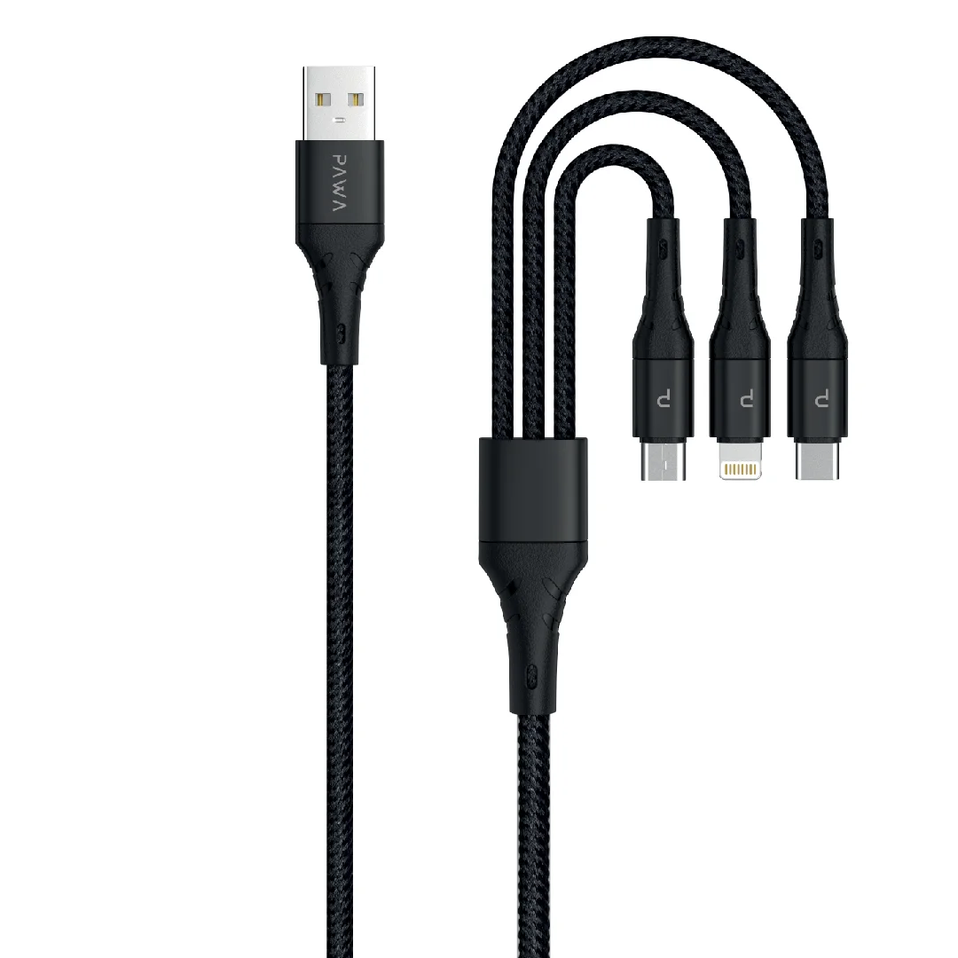 PAWA NYLON BRAIDED 3 IN 1 2.4A QUICK CHARGING BRAIDED DATA 1.2M CABLE BLACK PW-12BD3IN1-BK
