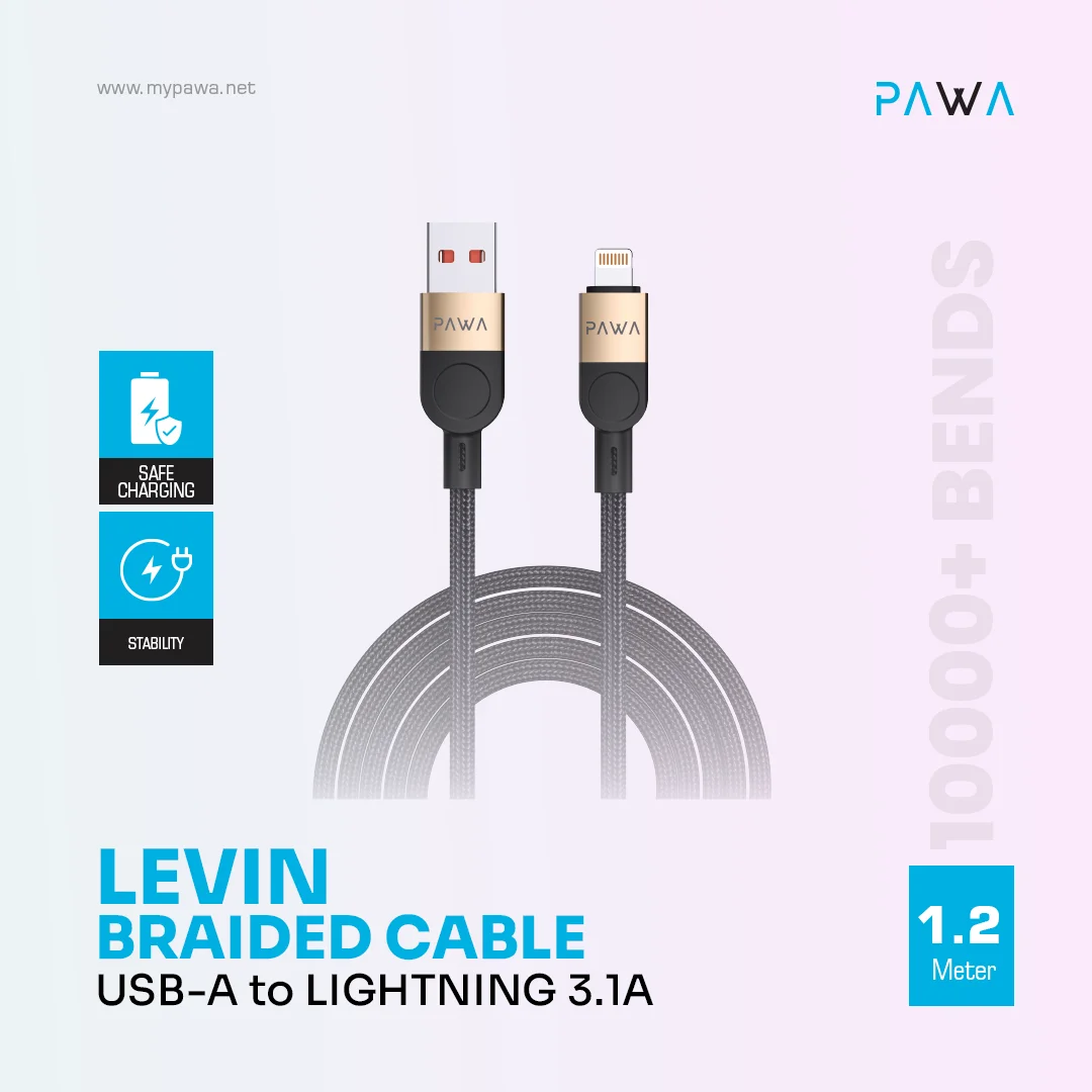 PAWA LEVIN USB A TO LIGHTNING 3.1A BRAIDED CABLE 1.2M DESERT BLACK PW-12BDC252-DTBK thumbnail 3