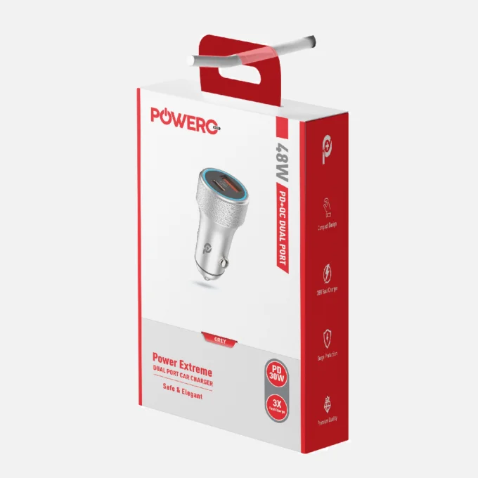 POWERO PLUS 48W POWER EXTREME DUAL PORT CAR CHARGER WITH TYPE C TO LIGHTNING CABLE PD30W GREY PR-CCPD48CC-GY thumbnail 4
