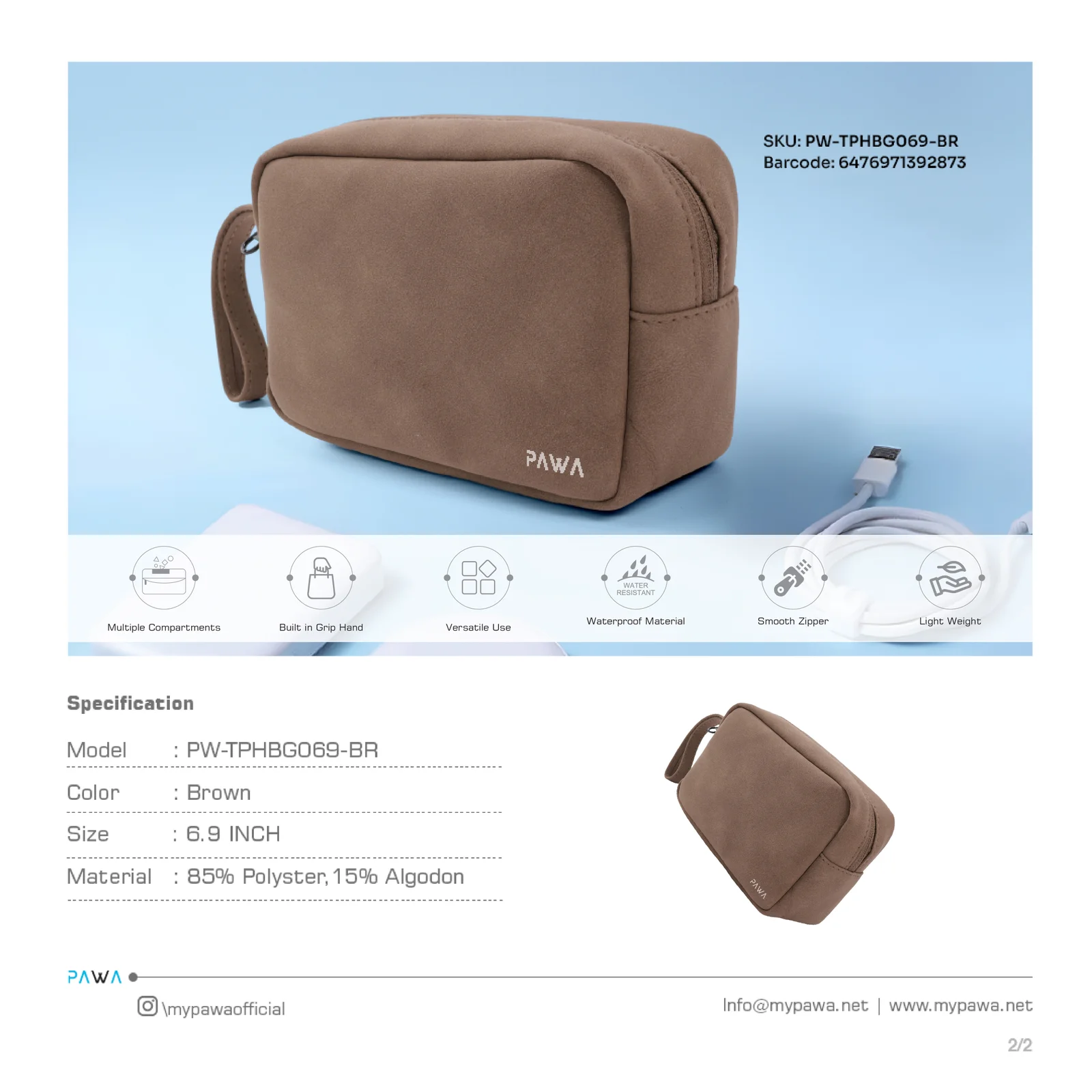 PAWA BELLO TRAVEL POUCH BROWN PW-TPHBG069-BR thumbnail 4
