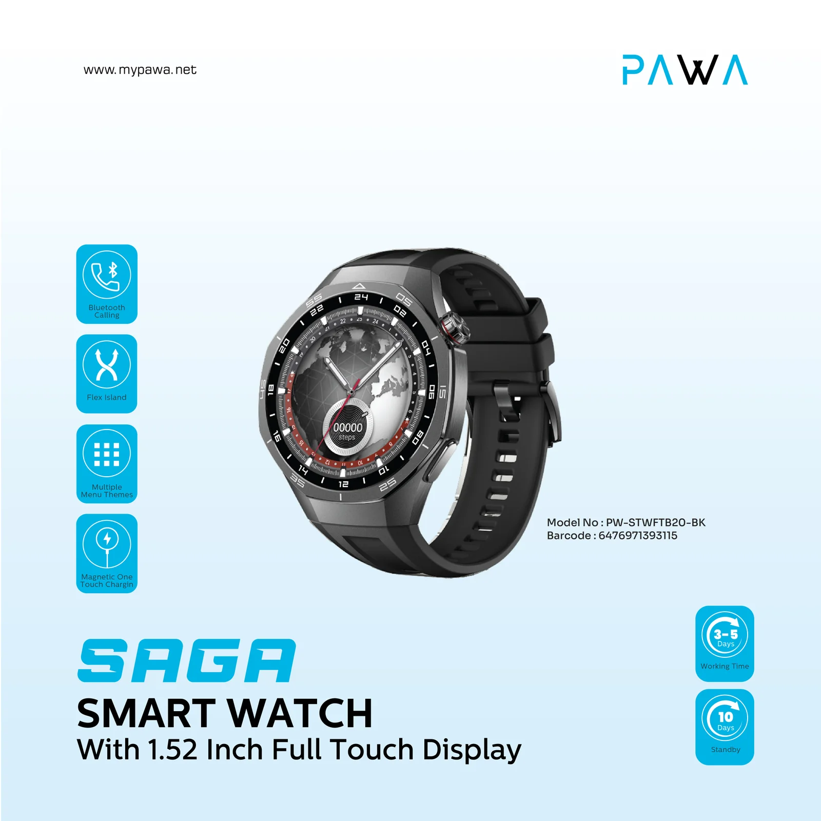 PAWA SAGA SMART WATCH WITH 1.52 INCH FULL TOUCH DISPLAY BLACK PW-STWFTB20-BK thumbnail 4