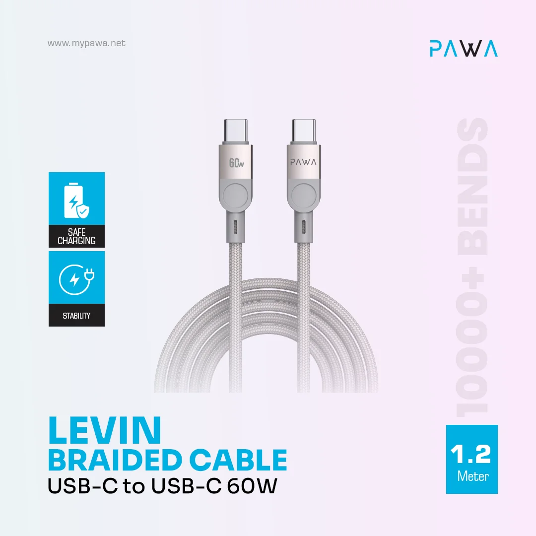PAWA LEVIN USB C TO USB C BRAIDED CABLE 1.2M 60W GREY TITANIUM PW-12BDC253-GYTT thumbnail 3