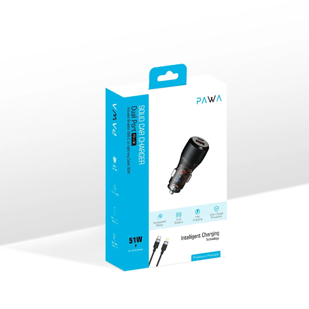 PAWA SOLID CAR CHARGER DUAL PORT PD+QC WITH BRAIDED USB C TO LIGHTNING CABLE 51W TRANSPARENT PW-CC51CA1L-TP thumbnail 5