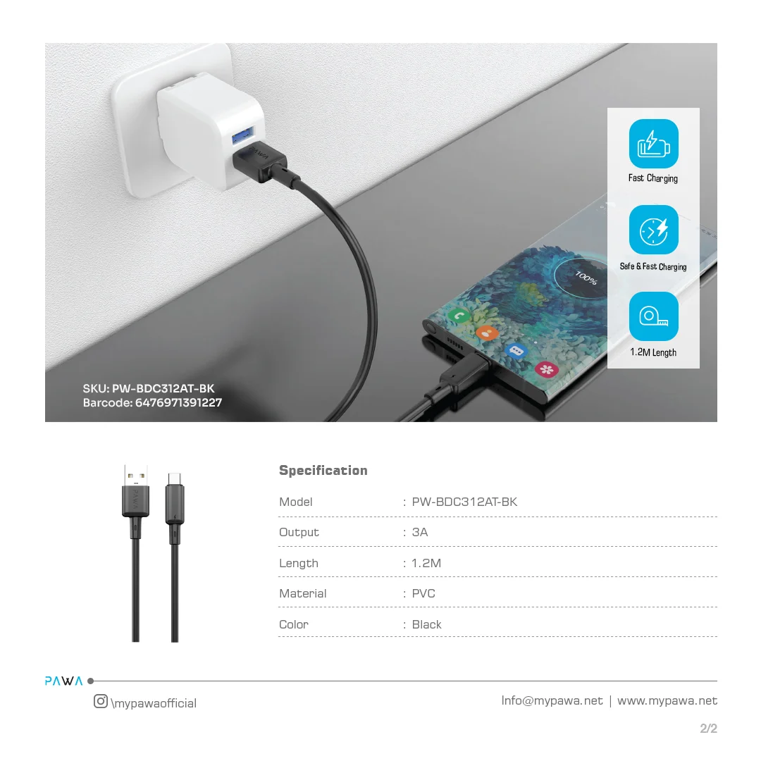 PAWA 3A USB A TO TYPE C QUICK CHARGING PVC CABLE 1.2M PW122 BLACK PW-BDC312AT-BK thumbnail 2
