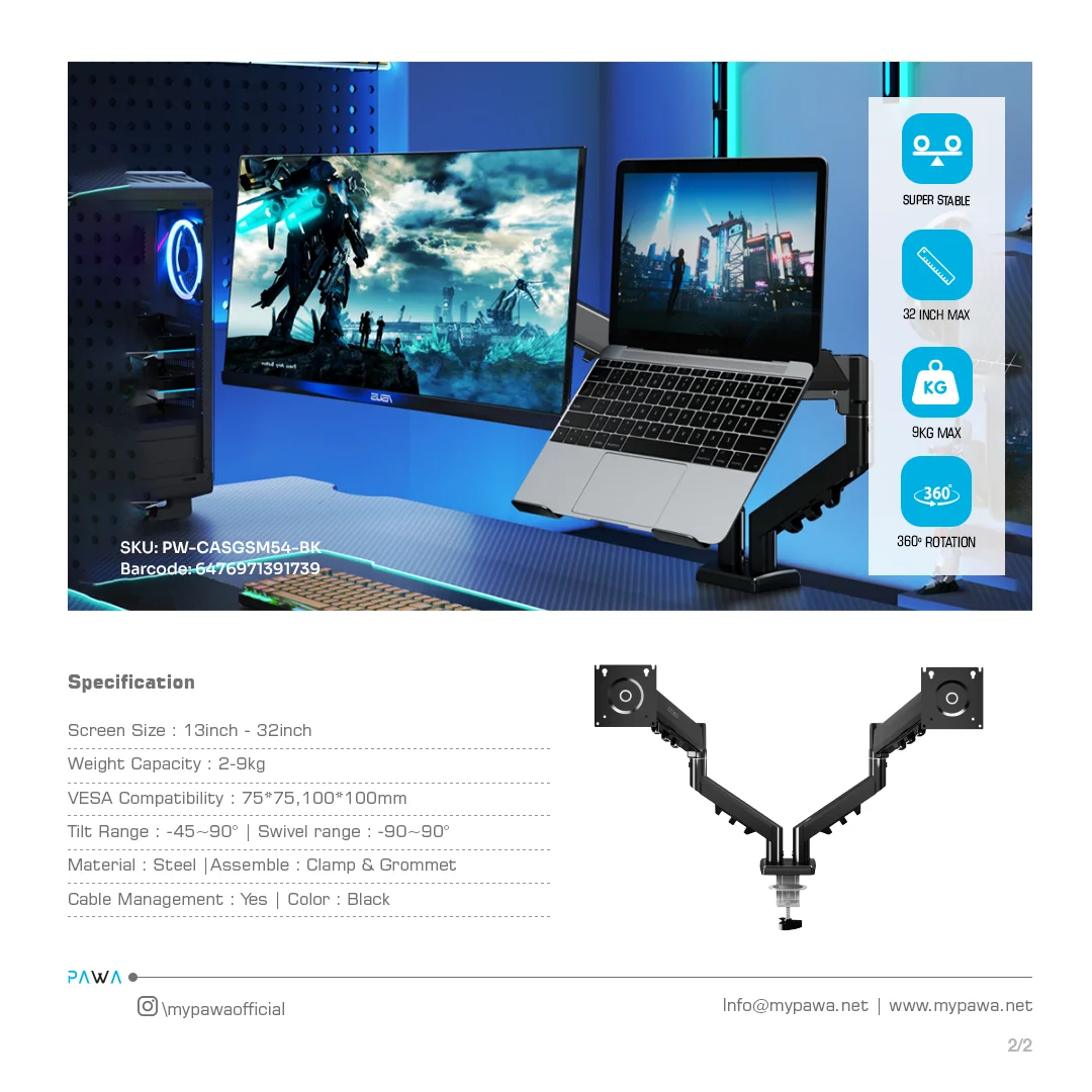 PAWA DOUBLE GAS SPRING COMPUTER ARM WITH 360 DEGREE ROTATION BLACK PW-CASGSM54-BK thumbnail 5