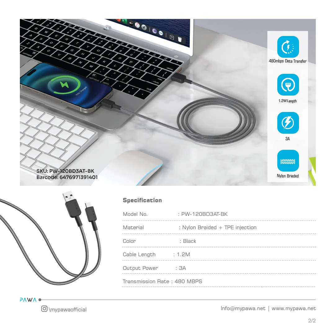 PAWA EL CARO SERIES USB A TO LIGHTNING PREMIUM BRAIDED CABLE 1.2M BLACK PW-120BD3AL-BK thumbnail 4