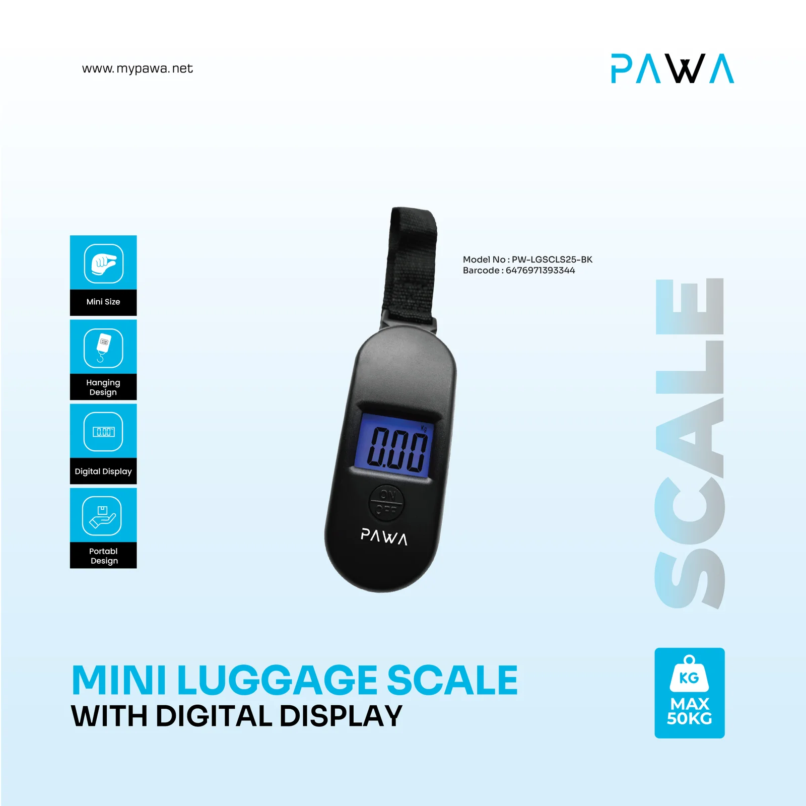 PAWA MINI LUGGAGE SCALE WITH DIGITAL DISPLAY BLACK PW-LGSCLS25-BK thumbnail 2