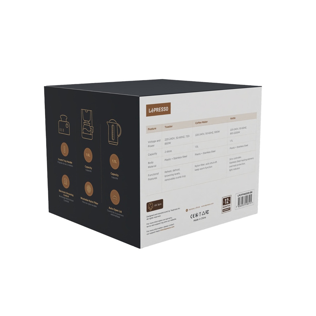LEPRESSO BREAKFAST TRIO TOASTER DRIP COFFEE KETTTLE LP009 BLACK LPCFFM0009-BK thumbnail 3