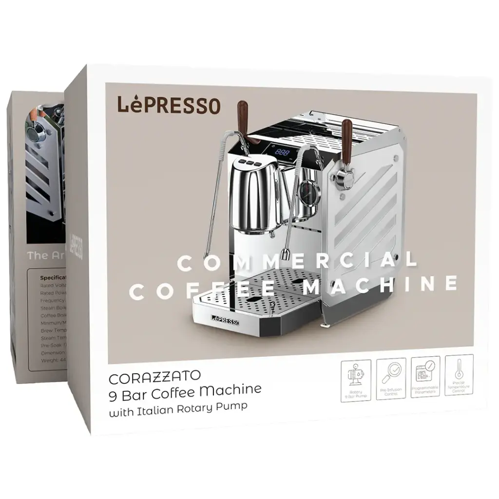LEPRESSO CORAZZATO 9 BAR COFFEE MACHINE WITH ITALIAN ROTARY PUMP SILVER LPCFFCRP0092SL thumbnail 3