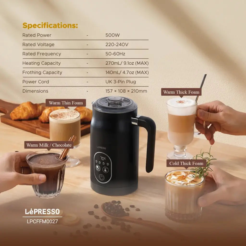 LEPRESSO FOUR FROTH MILK FROTHER TEMPERATURE CONTROL 270ML BLACK LPCFFM0027 thumbnail 2