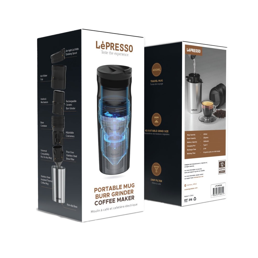 LEPRESSO PORTABLE MUG BURR GRINDER COFFEE MAKER 400ML SLIVER LPCMGSM thumbnail 3