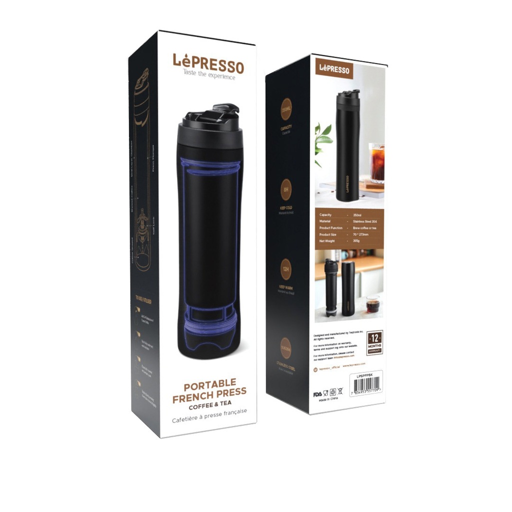LEPRESSO PORTABLE FRENCH PRESS COFEE AND TEA STAINLESS STEEL BLACK LPSPFPBK thumbnail 4