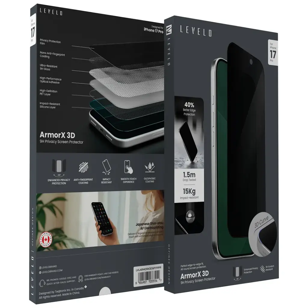 LEVELO ARMORX 3D 9H PRIVACY SCREEN PROTECTOR IPHONE 17 PRO MAX LVLARMORX3DSP17PMPR thumbnail 2