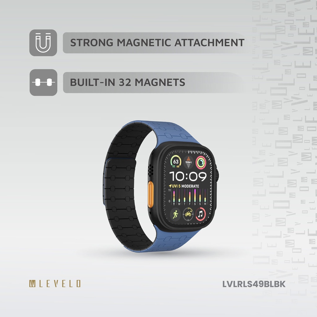 LEVELO APPLE WATCH SE 49/45 MM ROYALLINK SILICONE STRAP WITH MAGNET BLUE/BLACK LVLRLS49BLBK thumbnail 5