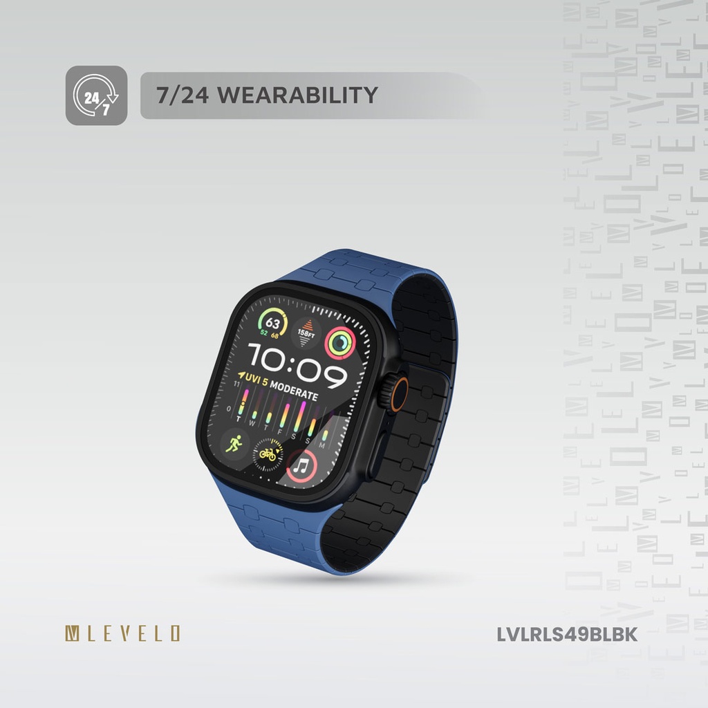 LEVELO APPLE WATCH SE 49/45 MM ROYALLINK SILICONE STRAP WITH MAGNET BLUE/BLACK LVLRLS49BLBK thumbnail 3