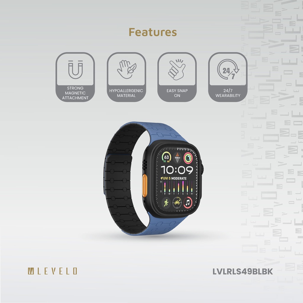 LEVELO APPLE WATCH SE 49/45 MM ROYALLINK SILICONE STRAP WITH MAGNET BLUE/BLACK LVLRLS49BLBK thumbnail 2