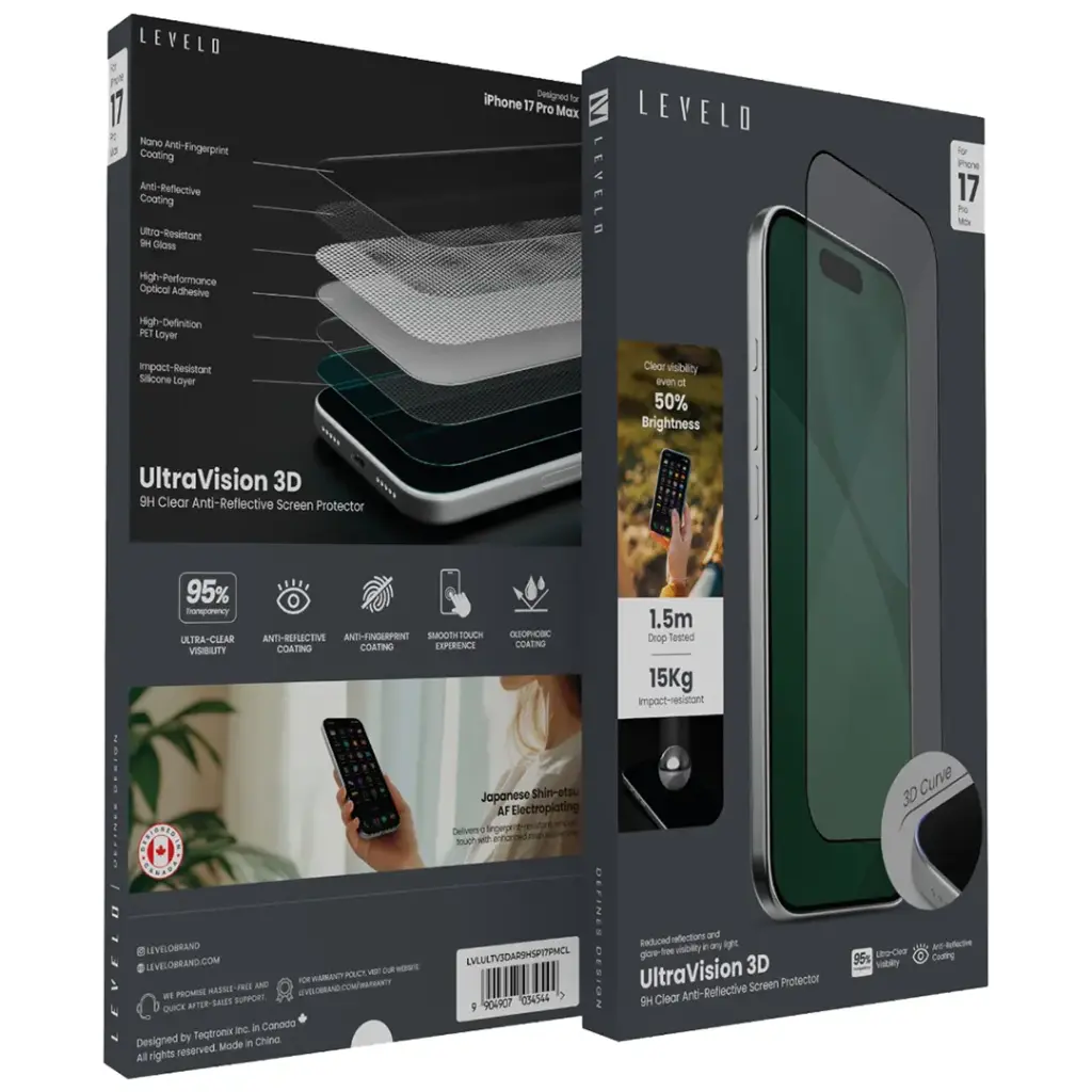 LEVELO ULTRA VISION 3D 9H CLEAR ANTI REFLECTIVE SCREEN PROTECTOR IPHONE 17 PRO MAX LVLULTV3DAR9HSP17PMCL thumbnail 2