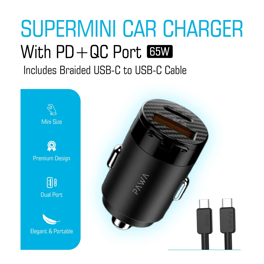PAWA SUPERMINI CAR CHARGER WITH PD+QC PORT 65W BRAIDED USB C TO USB C CABLE BLACK PW-PDTCN65T-BK thumbnail 4