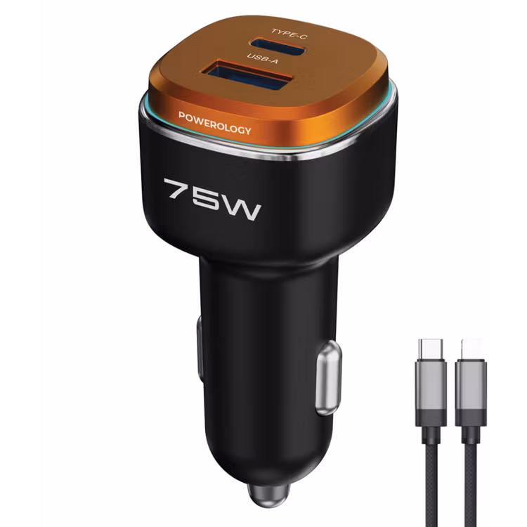 POWEROLOGY 75W DUAL PORT HIGH POWER CAR CHARGER WITH LIGHTNING CABLE BLACK/ORANGE PCCSR024BKOGL