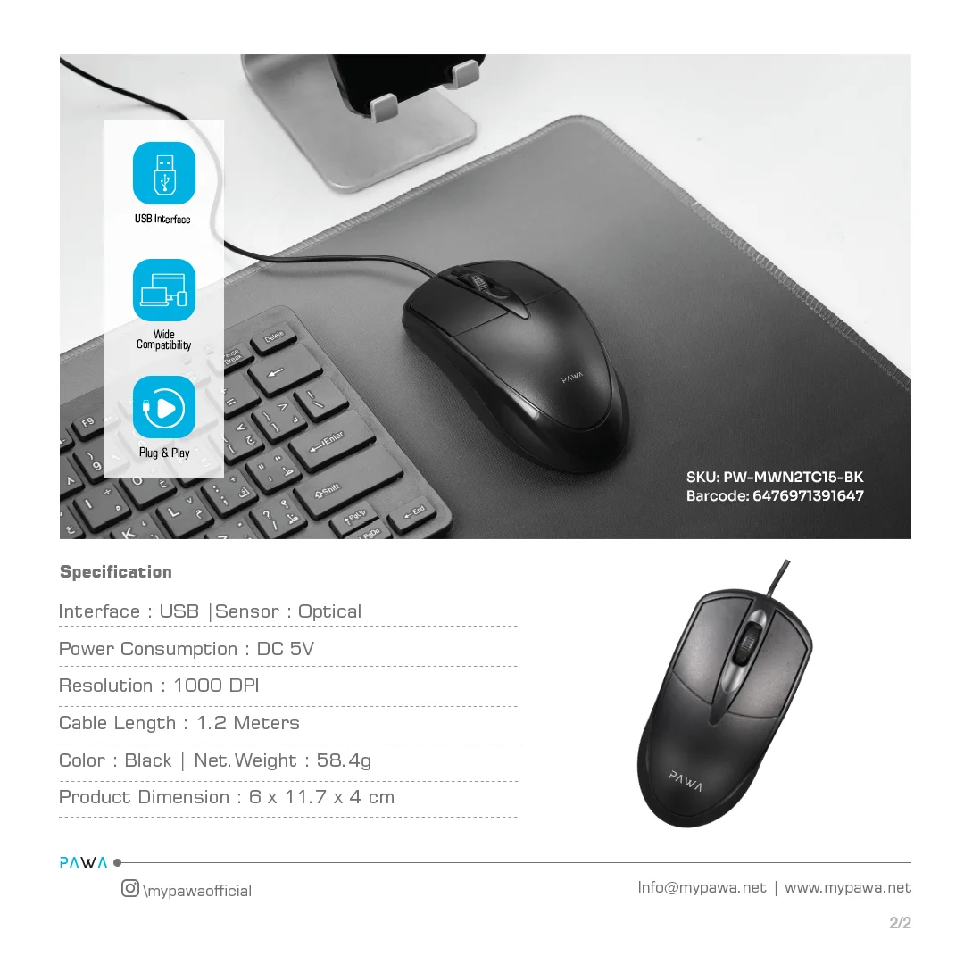 PAWA WIRED OPTICAL MOUSE BLACK PW-MWN2TC15-BK thumbnail 3