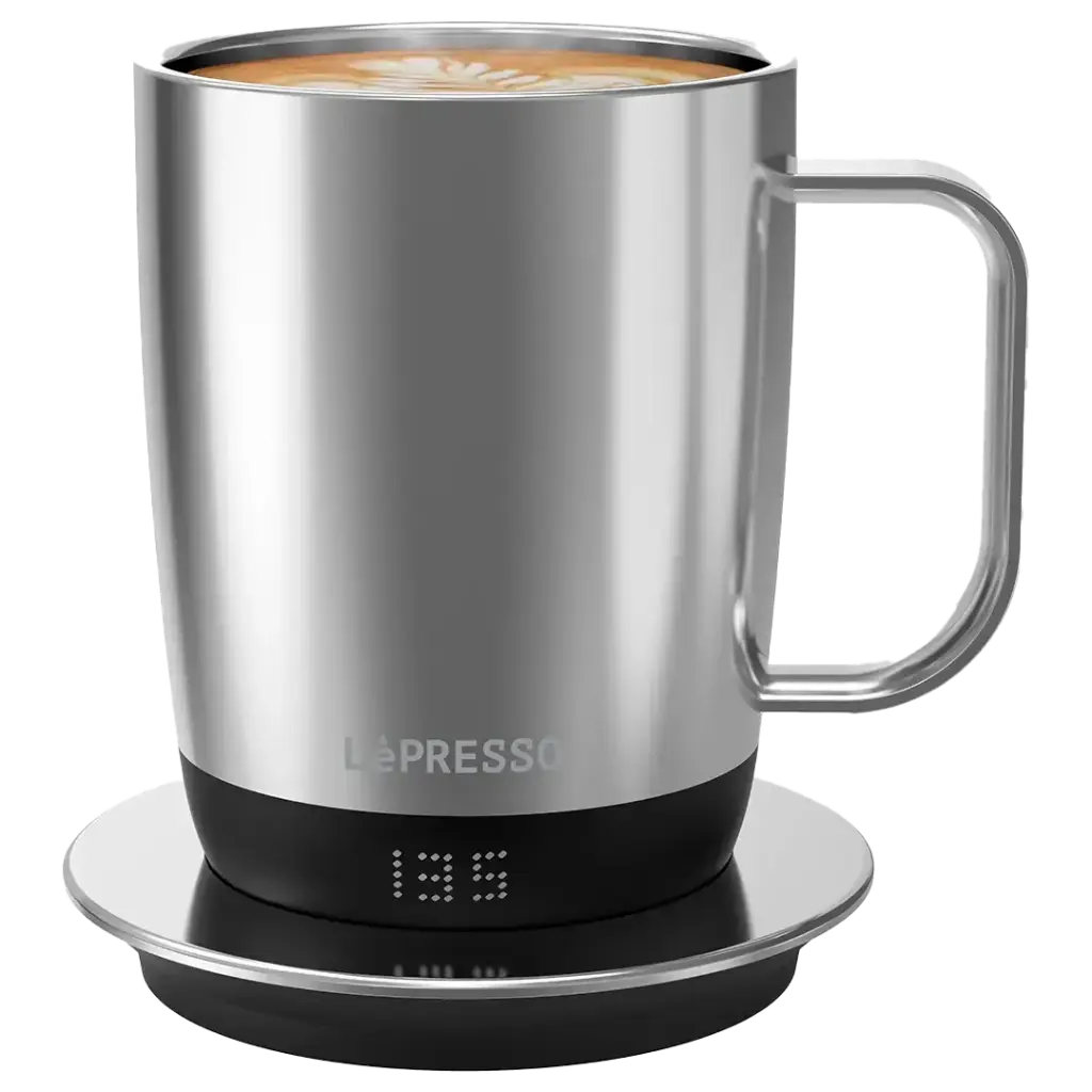 LEPRESSO AURELIO CERAMIC MUG WITH TEMPERATURE CONTROL BASE SILVER LPCFFACM0062SL