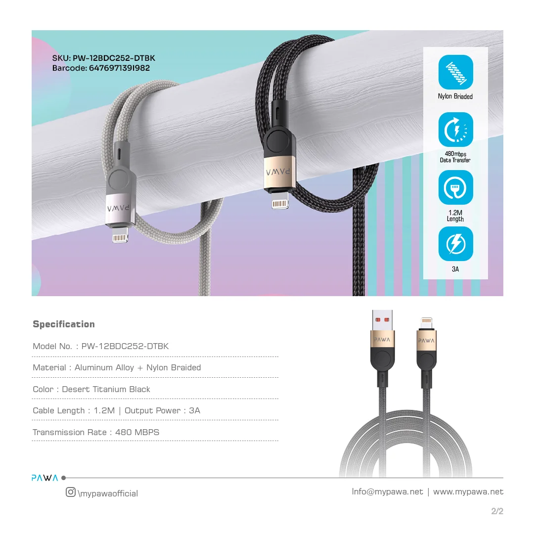 PAWA LEVIN USB A TO LIGHTNING 3.1A BRAIDED CABLE 1.2M DESERT BLACK PW-12BDC252-DTBK thumbnail 4