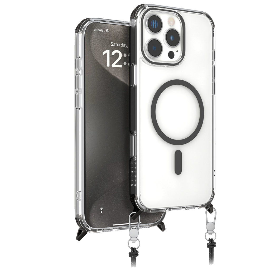 LEVELO CELESTE IPHONE 16 PRO MAX MAGSAFE CASE WITH CROSS BODY STRAP BLACK LVLCMCCS16PMBK