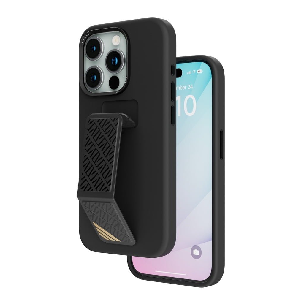 LEVELO MORPHIX SILICONE IPHONE 15 PRO MAX PREMIUM LEATHER KICKSTAND GRIP CASE BLACK