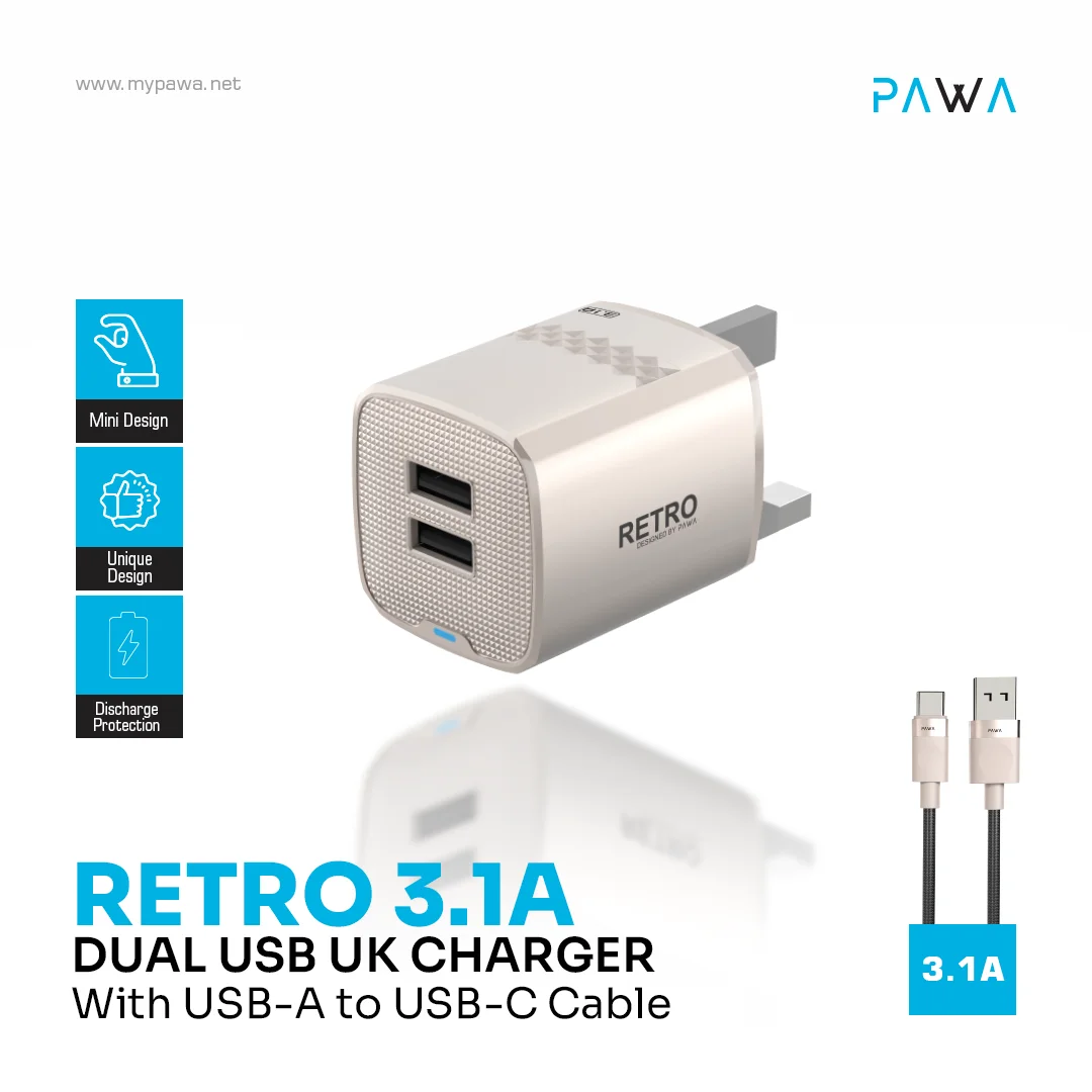 PAWA RETRO 3.1A DUAL USB UK CHARGER WITH USB A  TO USB-C CABLE TITANIUM PW-TCR31UKT-TT thumbnail 3