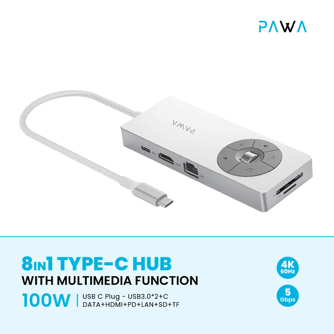 PAWA 8 IN 1 TYPE-C HUB WITH MULTIMEDIA FUCTION 100W PW-THUBB124 thumbnail 4