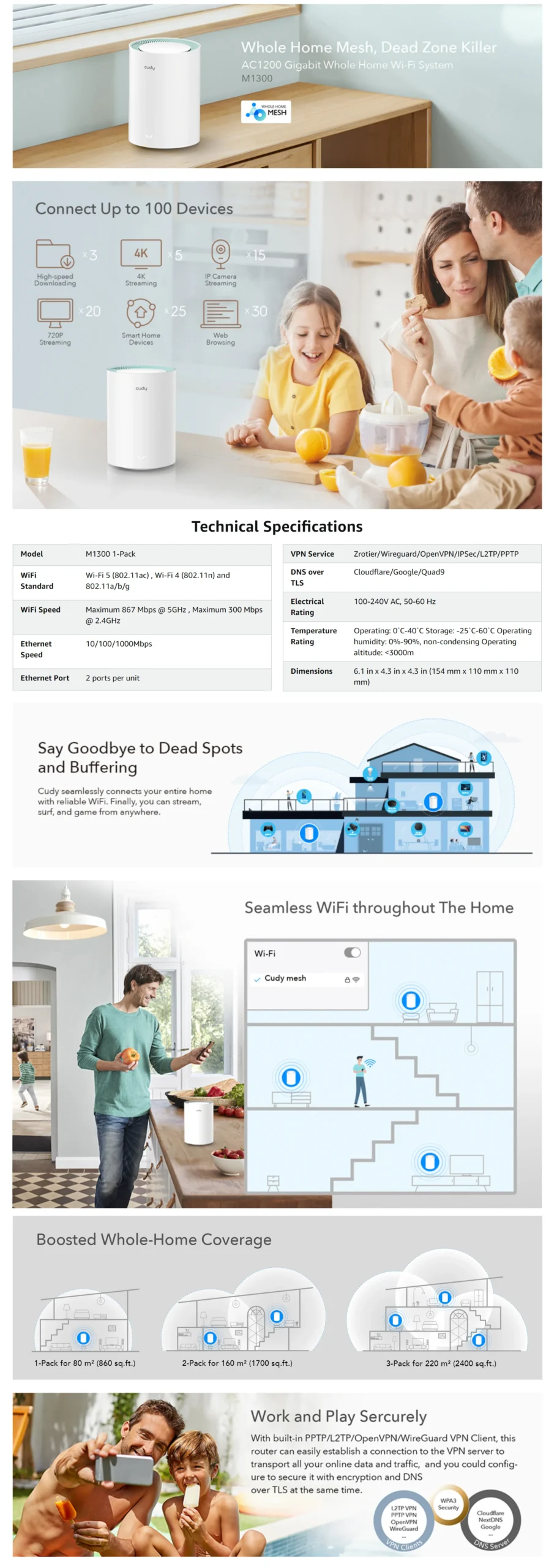 CUDY AC1200 GIGABIT DUAL BAND WHOLE HOME WI-FI MESH SYSTEM ROUTER WHITE M1300 (2-PACK) thumbnail 2