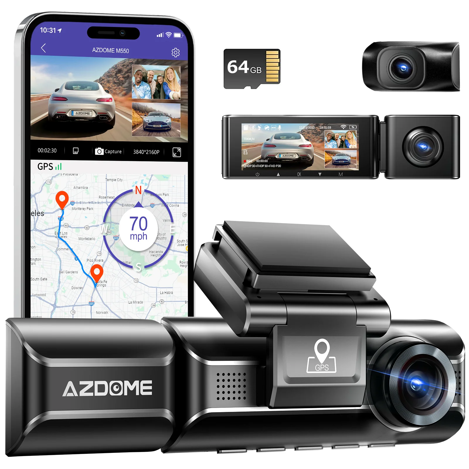 AZDOME 4K Front and Rear Dash Camera Kit with 3.19-Inch Screen, IR Night Vision, 24H Parking Mode - M550